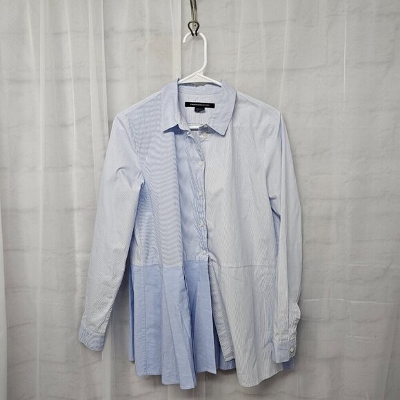 French Connection Blue Striped Button Blouse Peplum Preppy L - Picture 9 of 13